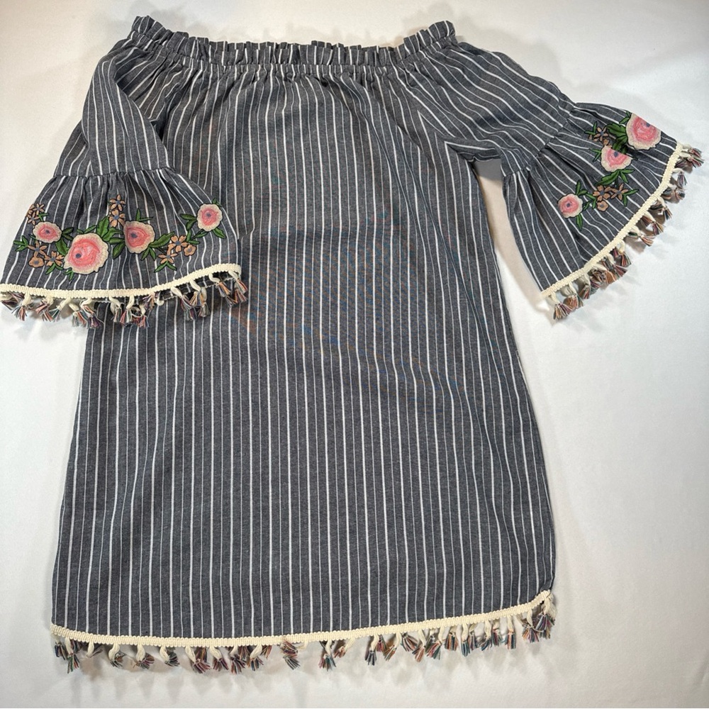 ODDI Womens Shift Dress L‎ Floral Embroidery Ruffle Gray Striped Off Shoulder